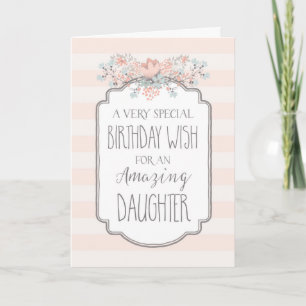 Floral Pink Stripes Daughter Birthday Card Kaart