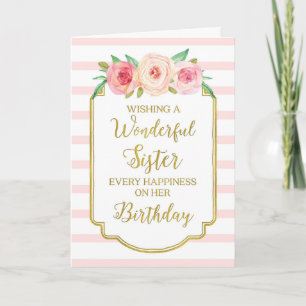 Floral Pink Stripes Zuster Birthday Card Kaart