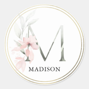 Floral Pink Waterverf Letter 'M' Monogram Ronde Sticker