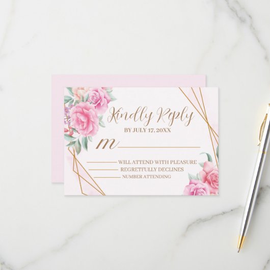 Floral Pink Wedding RSVP Kaartje (Voorkant / Achterkant in situ)