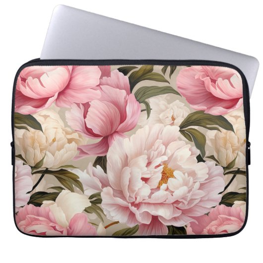 Floral Pink White Peony Flowers Feminine Designer Laptop Sleeve (Voorkant)