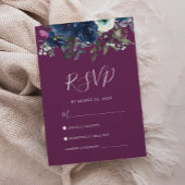 Floral Plum Navy Blue Waterverf Wedding RSVP Kaart