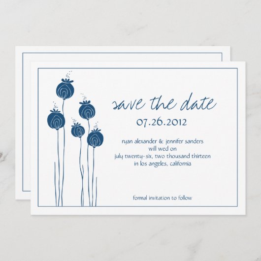 Floral Pods Navy Save the Date (Voorkant / Achterkant)