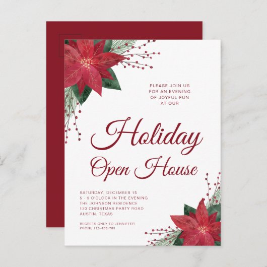 Floral Poinsettia Holiday Open House Invitation (Devant / Derrière)