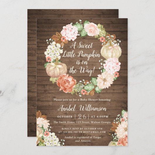 Floral pompoen rustiek hout krans Baby shower Kaart (Voorkant / Achterkant)