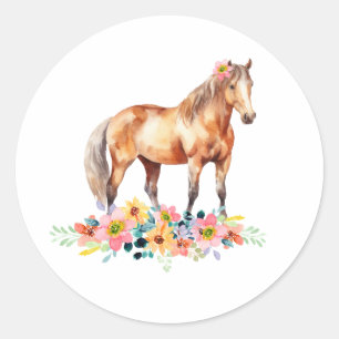 Floral Pony Verjaardagsfeestje Waterverf Ronde Sticker