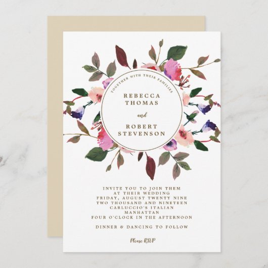 floral pourpre de rose moderne de faire-part de (Devant / Derrière)