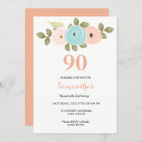 Floral Pretty Peach 90th Birthday Invitation