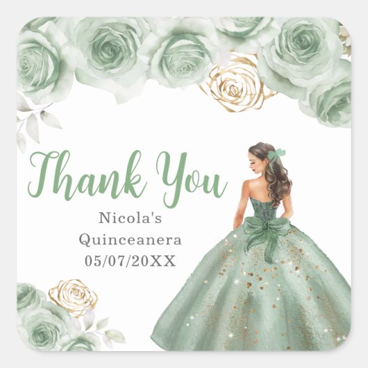Floral Princess in a Sage Green Dress Quinceanera Vierkante Sticker (Voorkant)