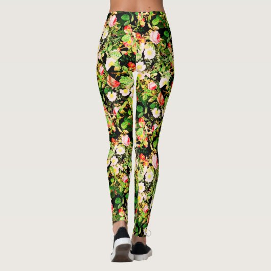 Floral Print Roos roze & White Flowers op zwart Leggings (Achterkant)