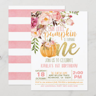 Floral Pumpkin First Birthday Invitation - Girl Kaart