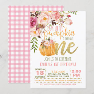 Floral Pumpkin First Birthday Invitation - Girl Kaart