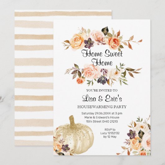 Floral Pumpkin Housewarming Party Invite Kaart (Voorkant / Achterkant)