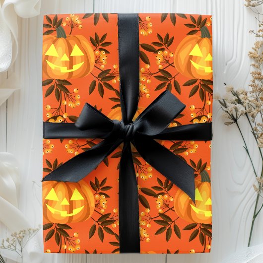 Floral Pumpkin Jack O'Lantern Pattern Cadeaupapier