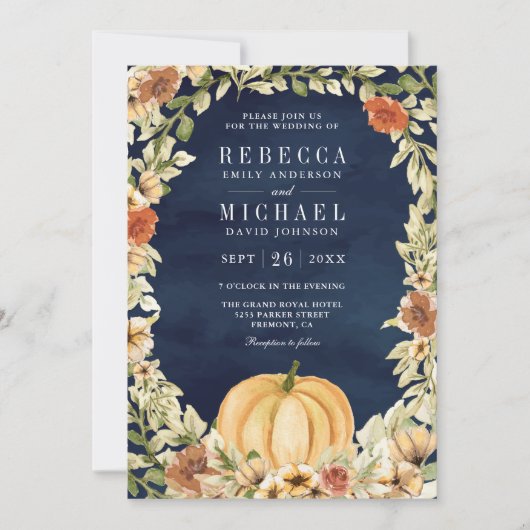 Floral Pumpkin Terracotta QR Code Navy Weddenschap Kaart (Voorkant)