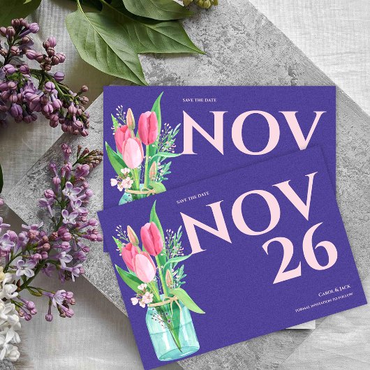 Floral Purple & Blush Wedding Save the Date Aankondiging