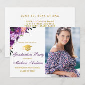 Floral Purple Gold Photo Invitation de la fête de  (Devant / Derrière)
