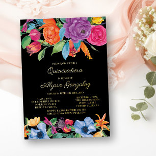 Floral Quinceanera en Mass Fiesta Flower en Gold Folie Uitnodiging