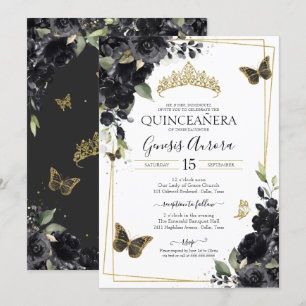 Floral Quinceanera Waterverf Black Gold Butterfly Kaart
