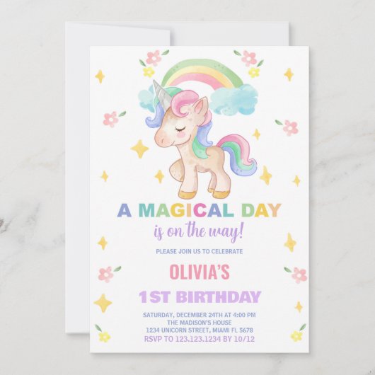 Floral Rainbows Unicorn Invitations d'anniversaire (Devant)