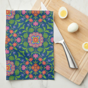 Floral Rangoli, Deep Blue Kitchen Towel Theedoek