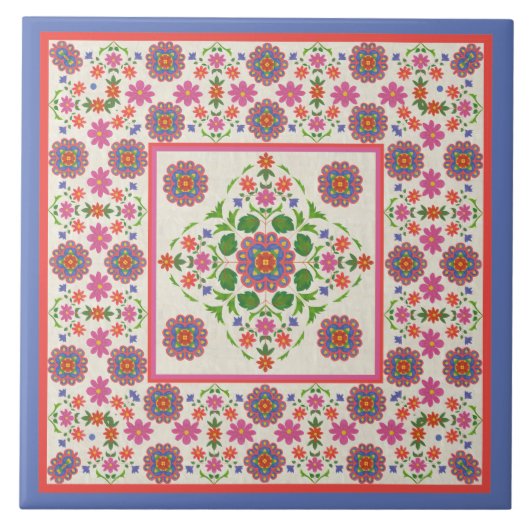 Floral Rangoli Pattern Border, Ecru: Keramische te Tegeltje (Voorkant)