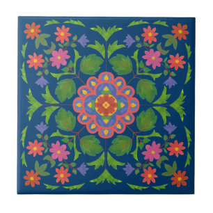 Floral Rangoli Pattern op Blue Ceramic Tegel Tegeltje