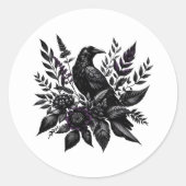 Floral Raven Ronde Sticker (Voorkant)