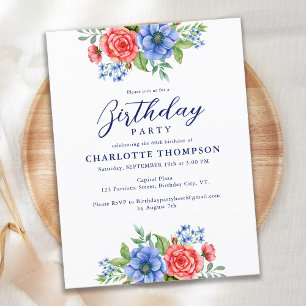 Floral Red Blue Birthday Kaart
