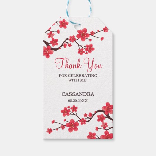 Floral Red Cherry Blossom Sakura Dank u Cadeaulabel (Voorkant)