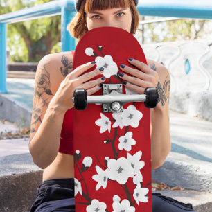Floral Red en White Cherry Blossom Skateboard