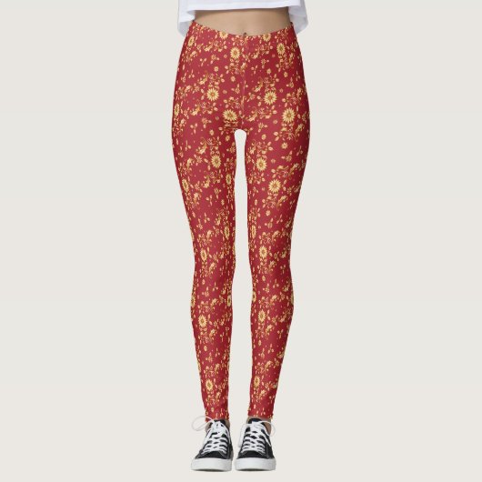 Floral Red Gold Stars kerstfeest Metallic Leggings (Voorkant)