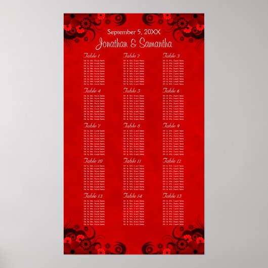 Floral Red Gothic 15 Trouwtafels Zitkaarten Poster (Voorkant)