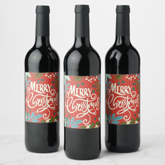 Floral red Kerstmis Klassic Wijn Etiket (Flessen)
