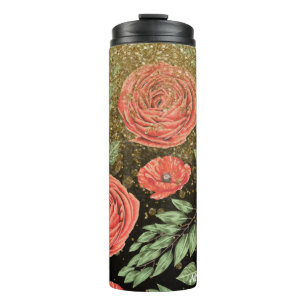 *~* Floral Red PEONY POPPY Gold Glitter Thermosbeker