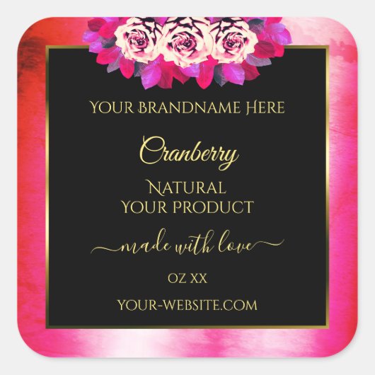 Floral Red Pink Marble Pattern Zwarte Etiket (Voorkant)