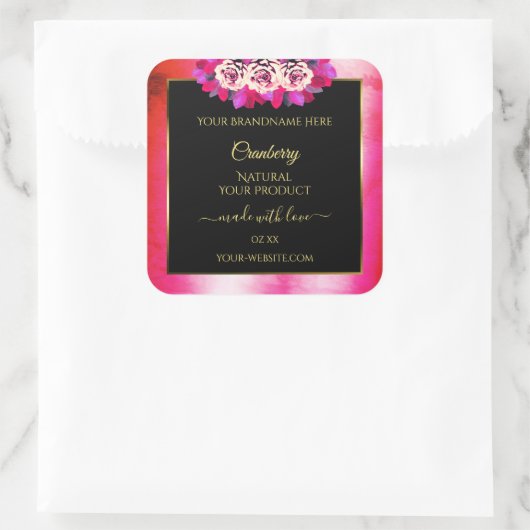 Floral Red Pink Marble Pattern Zwarte Etiket (Tas)