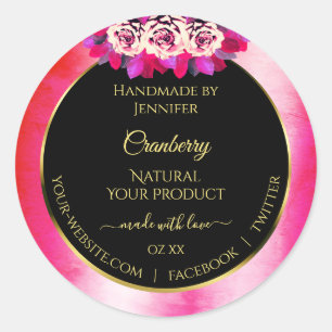 Floral Red Pink Marble Pattern Zwarte Etiket