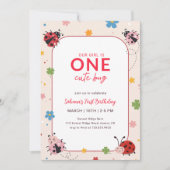Floral Red Pink One Cute Bug Ladybug 1st Birthday Kaart (Voorkant)