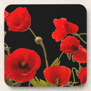 Floral Red Poppy Flowers Black Background Spring Bier Onderzetter