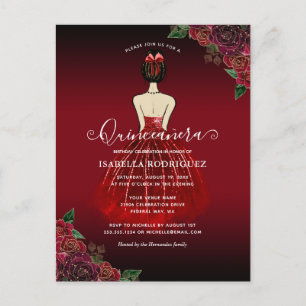 Floral Red Princess Gold Birthday Quinceañera Briefkaart