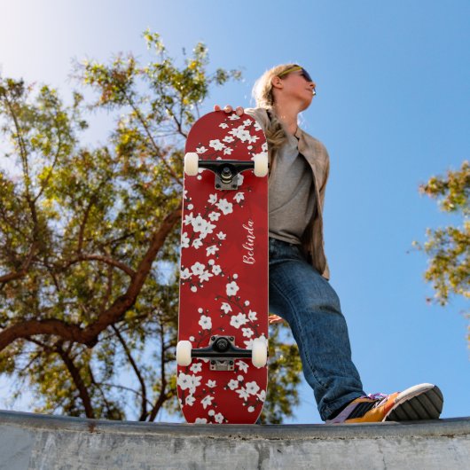 Floral Red White Cherry Blossom Monogram Skateboard (Buiten 1)