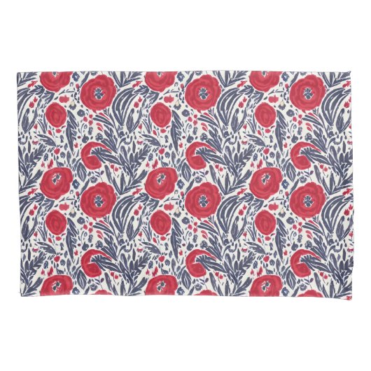 Floral Red White en Blue Botanical Poppies Kussensloop (Voorkant)