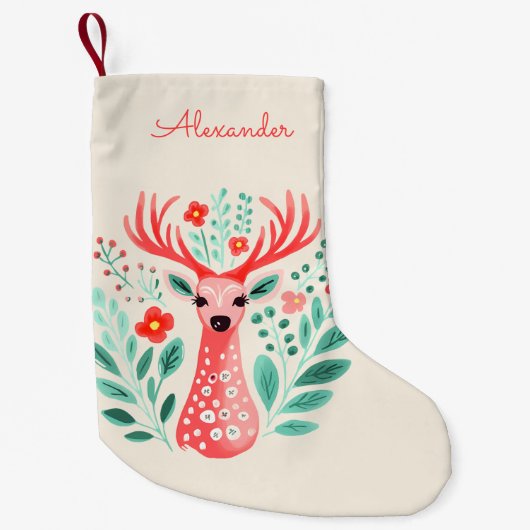 Floral Reindeer Custom Name Kleine Kerstsok (Voorkant)