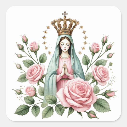 Floral Religious Mother Mary Roses Vierkante Sticker (Voorkant)