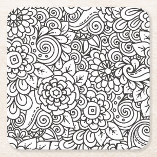 Floral Retro Doodle Vierkante Kartonnen Onderzetter