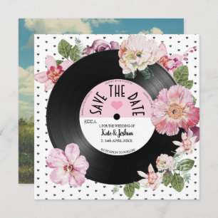 Floral retro vinyl Record foto Save the Date Kaart