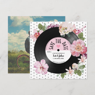 Floral retro vinyl Record foto Save the Date Kaart
