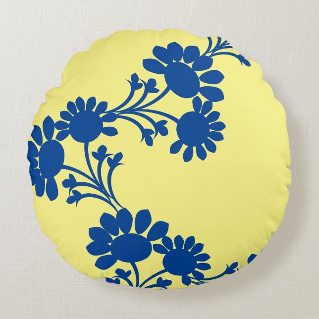Floral Reversible Yellow Red Round Pillow Rond Kussen (Voorkant)
