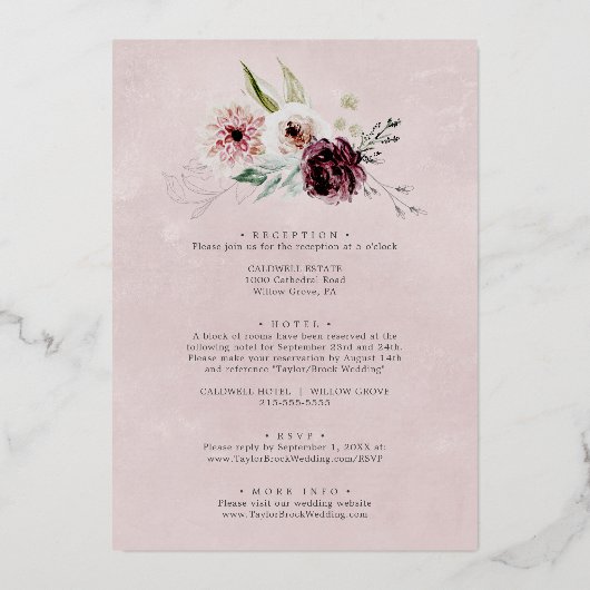 Floral-Romance | Goudolie in één bruiloft Folie Uitnodiging (Achterkant)